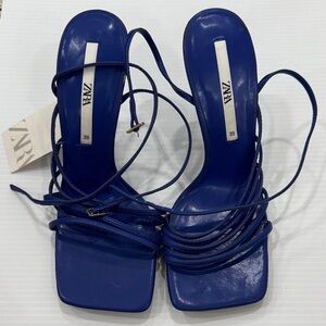 ZARA Cobalt Blue Wrap-Strap Heeled Sandals